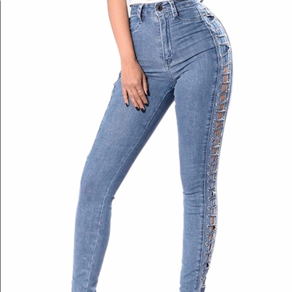 GOGO Jeans Light Color Denim High Waisted Laces on Sides Sexy Fun Jeans 5 - Picture 2 of 11